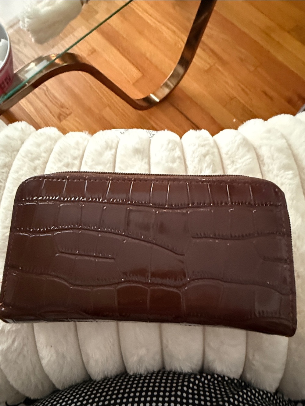 Croc-Embossed Double Zip Wallet in Brown